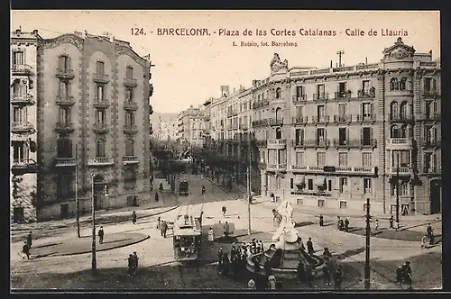 AK Barcelona, Plaza de las Cortes Catalanas, Calle de Llauria, Strassenbahn