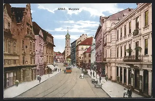 AK Graz, Strassenbahn auf dem Murplatz