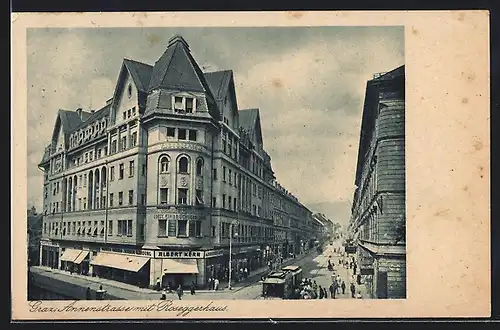 AK Graz, Annenstrasse mit Roseggerhaus, Strassenbahn