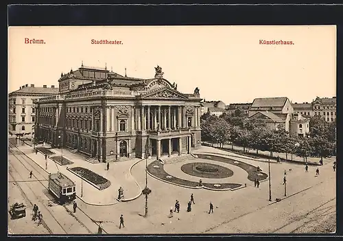 AK Brünn, Strassenbahn am Stadttheater, Blick zum Künstlerhaus