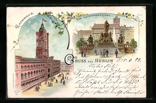 Lithographie Berlin, Rathaus und Lutherdenkmal, Neuer Markt