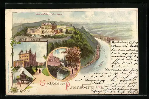 Lithographie Petersberg a. Rh., Hotel auf dem Petersberg, Pavillon, Ortspartie