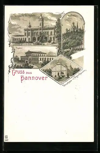 Lithographie Hannover, Theater, Marienburg, Theater und Palmenhaus in Herrenhausen