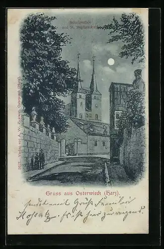 Mondschein-Lithographie Osterwieck (Harz), Schulzenthor und St. Stephauskirche