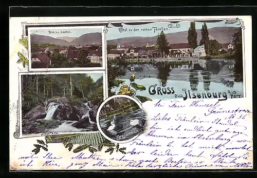 AK Ilsenburg a. Harz, Blick ins Ilsetal, Ilsefälle, Forellenteich, Hotel zu den roten Forellen