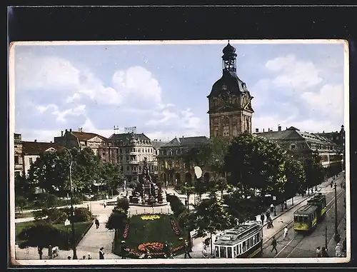 AK Mannheim, Strassenbahnen auf dem Paradeplatzund Kaufhaus