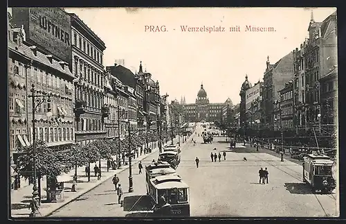 AK Prag, Wenzelsplatz mit Museum, Strassenbahnen