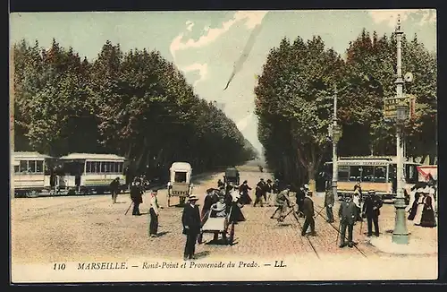 AK Marseille, Rond-Point et Promenade du Prado, Strassenbahn