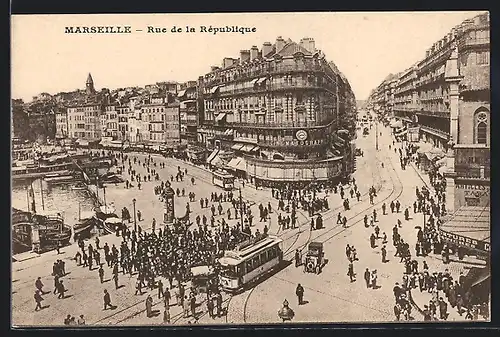 AK Marseille, Rue de la Rèpublique, Strassenbahn