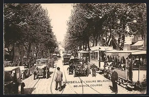 AK Marseille, Cours Belsunce, Strassenbahn