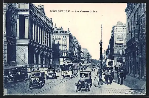 AK Marseille, La Cannebière, Strassenbahn