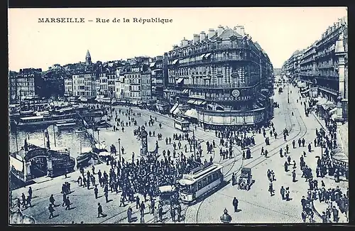 AK Marseille, Rue de la Rèpublique, Strassenbahn