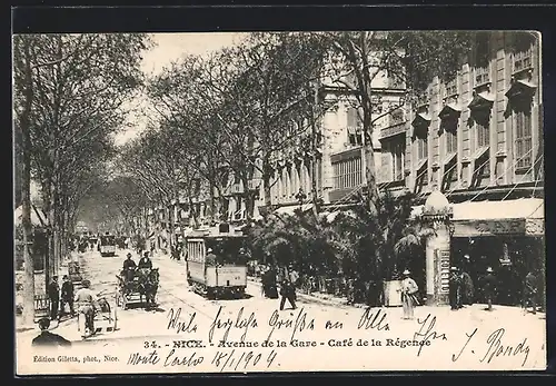 AK Nice, Avenue de la Gare-Cafè de la Règence, Strassenbahn