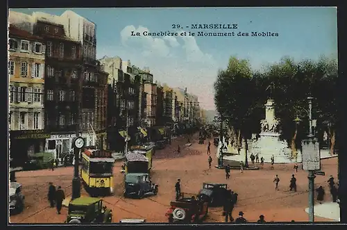 AK Marseille, La Canebière et le Monument des Mobiles, Strassenbahn