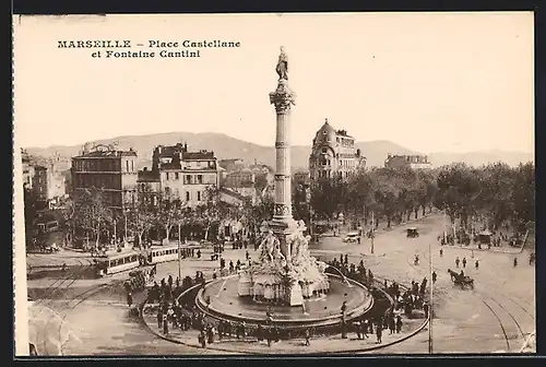 AK Marseille, Place Castellane et Fontaine Cantini, Strassenbahn