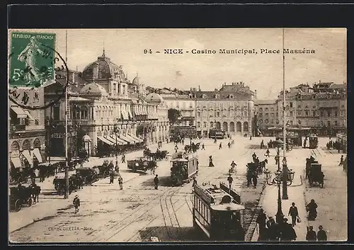 AK Nice, place Masséna et casino municipal, Strassenbahn