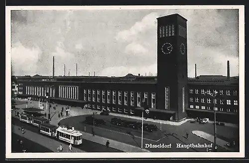 AK Düsseldorf, Hauptbahnhof mit Strassenbahn am Nachmittag 16:11 Uhr