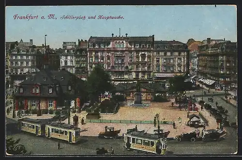 AK Frankfurt a.M., Strassenbahnen am Schillerplatz und Hauptwache
