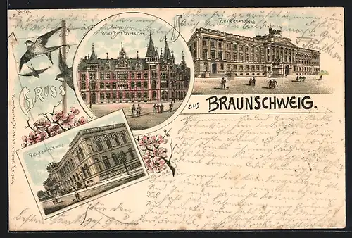 Lithographie Braunschweig, Residenzschloss, Kaiserliche Ober Post Direction, Polytechnikum