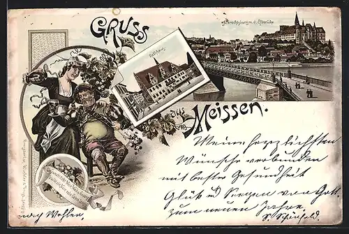 Lithographie Meissen, Albrechtsburg mit der Elbbrücke, Rathaus, Par beim Weintrinken