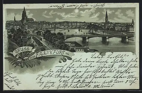 Lithographie Frankfurt a. M., Stadtpanorama mit Mainbrücken aus der Vogelschau