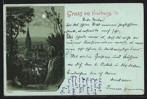 Mondschein-Lithographie Freiburg i. B., Stadtansicht mit dem Münster