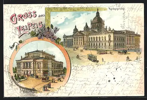 Lithographie Leipzig, Strassenbahn am Reichsgericht, Konzerthaus