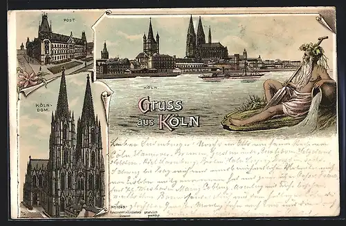 Lithographie Köln, Post, Dom und Ortsansicht