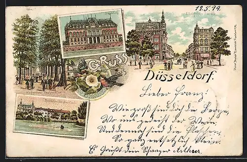 Lithographie Düsseldorf, Elberfelder Strasse, Ständehaus, Hofgarten-Seufzer Allee, Hofgarten-Der grosse Teich