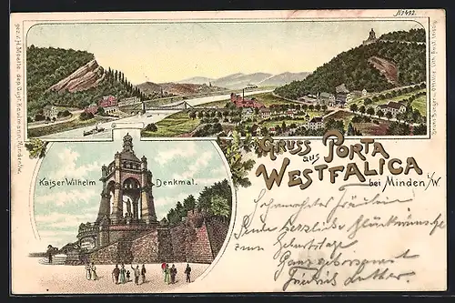 Lithographie Porta Westfalica, Gesamtblick & Kaiser Wilhelm Denkmal