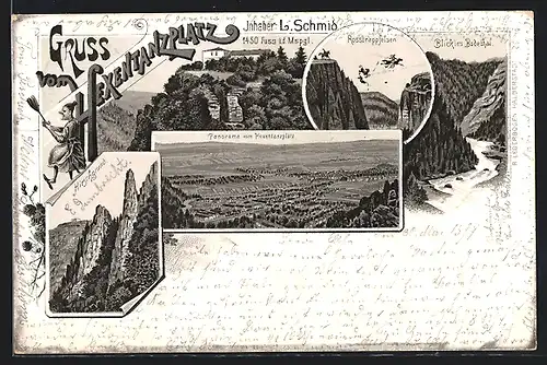 Lithographie Thale, Schmids Gasthaus Hexentanzplatz, Panorama vom Hexentanzplatz, Rosstrappfelsen