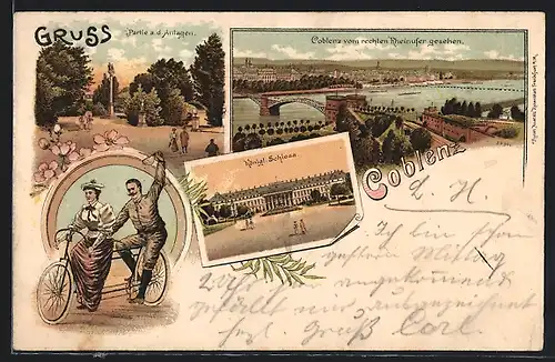 Lithographie Coblenz, Kgl. Schloss, Anlagenpartie, Blick vom rechten Rheinufer, Paar fährt Tandem