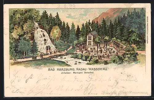 Lithographie Bad Harzburg, Blick auf das Gasthaus zum Radau-Wasserfall v. Hermann Zeitschel