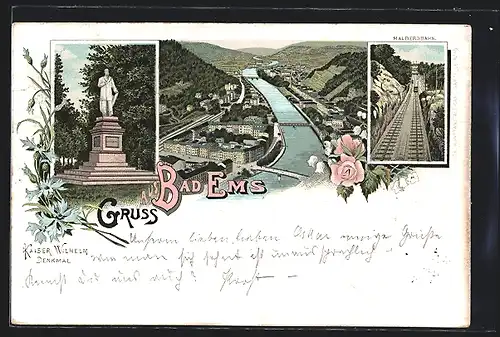 Lithographie Bad Ems, Kaiser Wilhelm Denkmal, Totalansicht, Malbergbahn