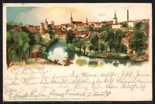 Lithographie Bautzen, Stadtansicht aus der Vogelschau