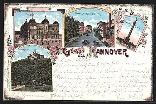 Lithographie Hannover, Marienburg, Post, Waterloosäule