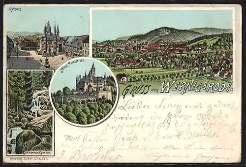 Lithographie Wernigerode, Ortsansicht aus der Ferne, Rathaus, Steinerne Renne, Schloss Wernigerode