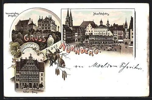 Lithographie Nürnberg, Marktplatz, Germanisches Museum, Peller-Haus