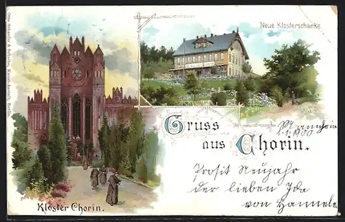 Lithographie Chorin, Gasthaus Neue Klosterschänke, Blick zum Kloster