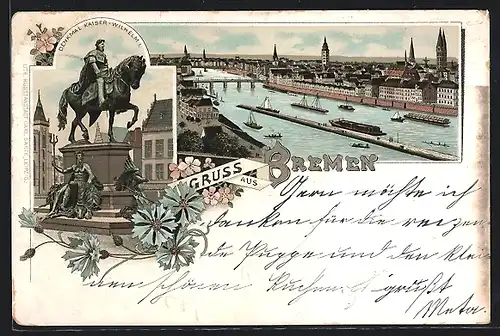 Lithographie Bremen, Denkmal Kaiser Wilhelm I., Ortsansicht aus der Vogelschau