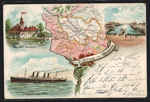 Lithographie Bremen, Freihafen, Emmasee-Kaffeehaus, Schiff Kaiser Wilhelm der Grosse, geograf. Karte