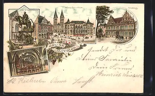 Lithographie Bremen, Gewerbehaus, Rathaus, Dom und Börse, Kaiser Wilhelm I.-Denkmal, Ratskeller