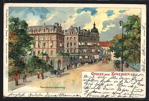 Lithographie Bremen, Heerdenthorsteinweg, Ortspartie, Karte
