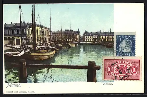 AK Malmö, Ortsansicht mit Hafen