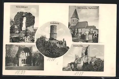 AK Godesberg, Ansichten vom Ort, Drachenfels, Godesburg, Rolandsbogen