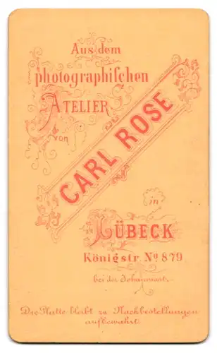 Fotografie Carl Rose, Lübeck, Königstr. 879, Gutbürgerliche Frau im schwarzen Kleid mit Brosche und glänzendem Haar