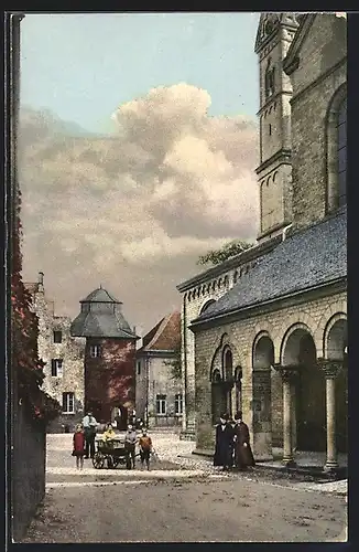 AK Kaiserswerth a. Rhein, Kirchplatz am Portal der Stiftskirche