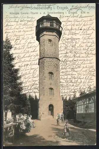 AK Scheibenberg i. Erzgeb., Königin Carola-Thurm mit Gasthof
