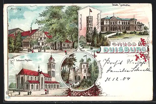 Lithographie Duisburg, Salvator-Kirche, Wasserturm, Städtische Tonhalle