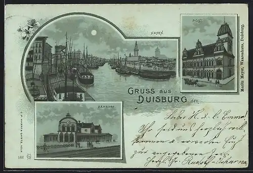 Mondschein-Lithographie Duisburg, Bahnhof, Post, Hafen